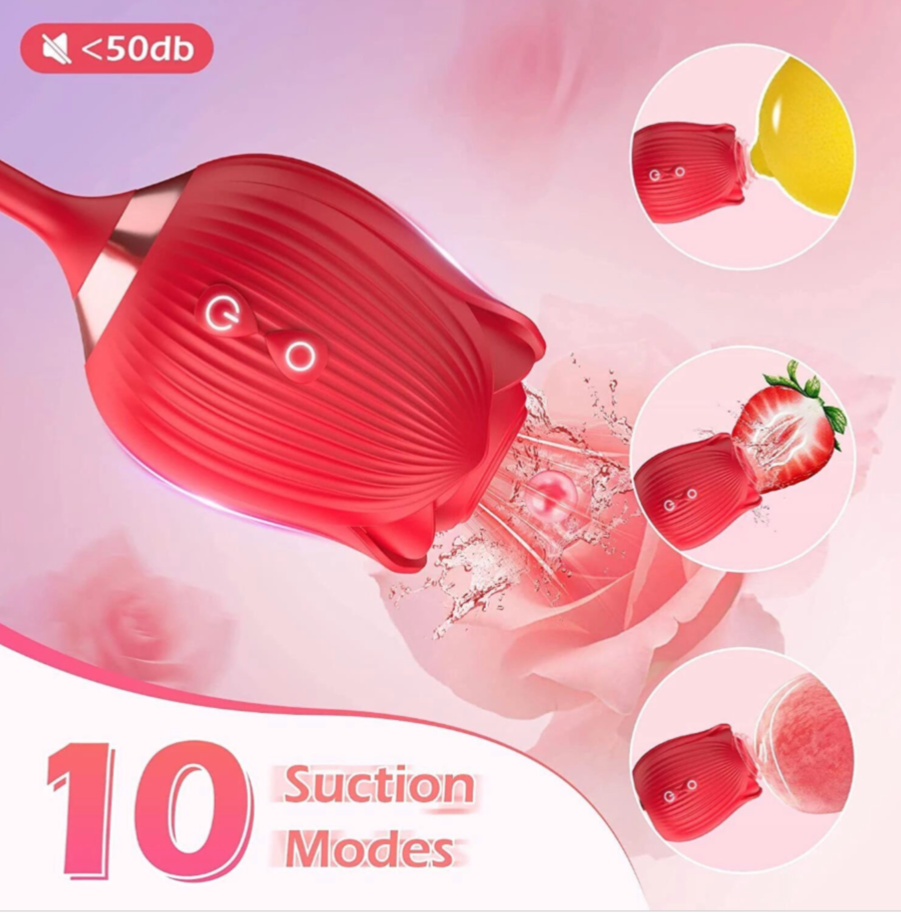 Red silicone breast pump with 10 suction modes on a pink background
