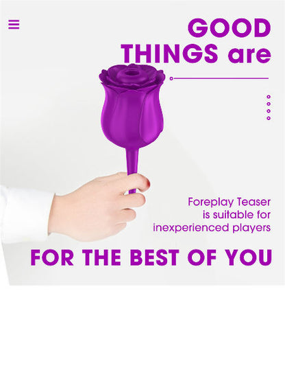 Purple product held by a hand with promotional text on a white background