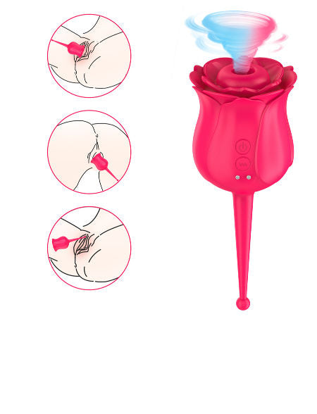 Pink rose-shaped device with illustrations of its use on a white background