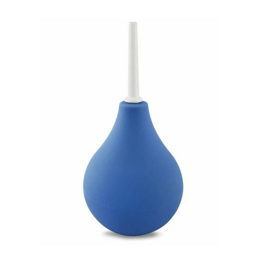 Blue bulb syringe on a white background