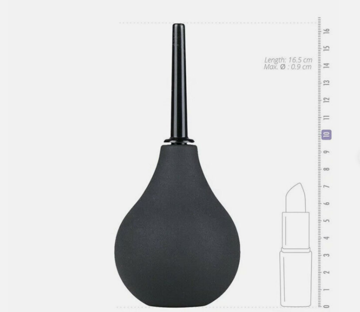 Black rubber bulb syringe with measurement scale on a white background