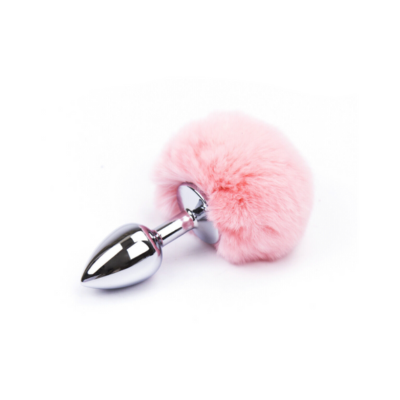 Butt plug with pink fuzzy cover and metallic tip on a white background