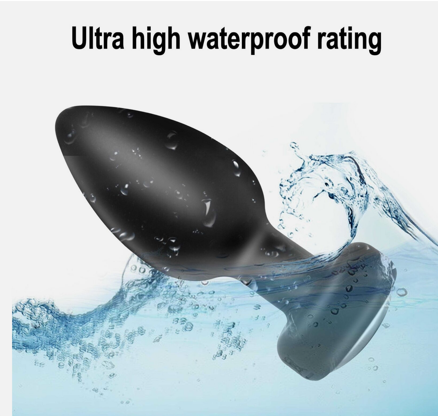Black and gray device with water splashes and text 'Ultra high waterproof rating' on a light blue background