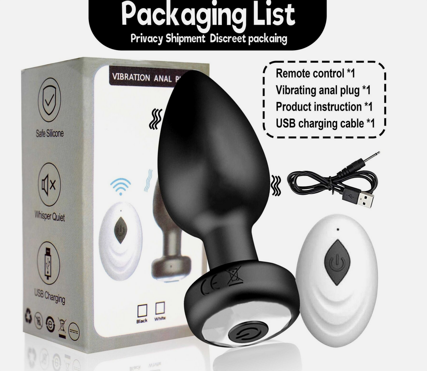 Vibrating anal plug with packaging and accessories on a white background