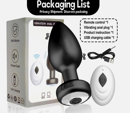 Vibrating anal plug with packaging and accessories on a white background