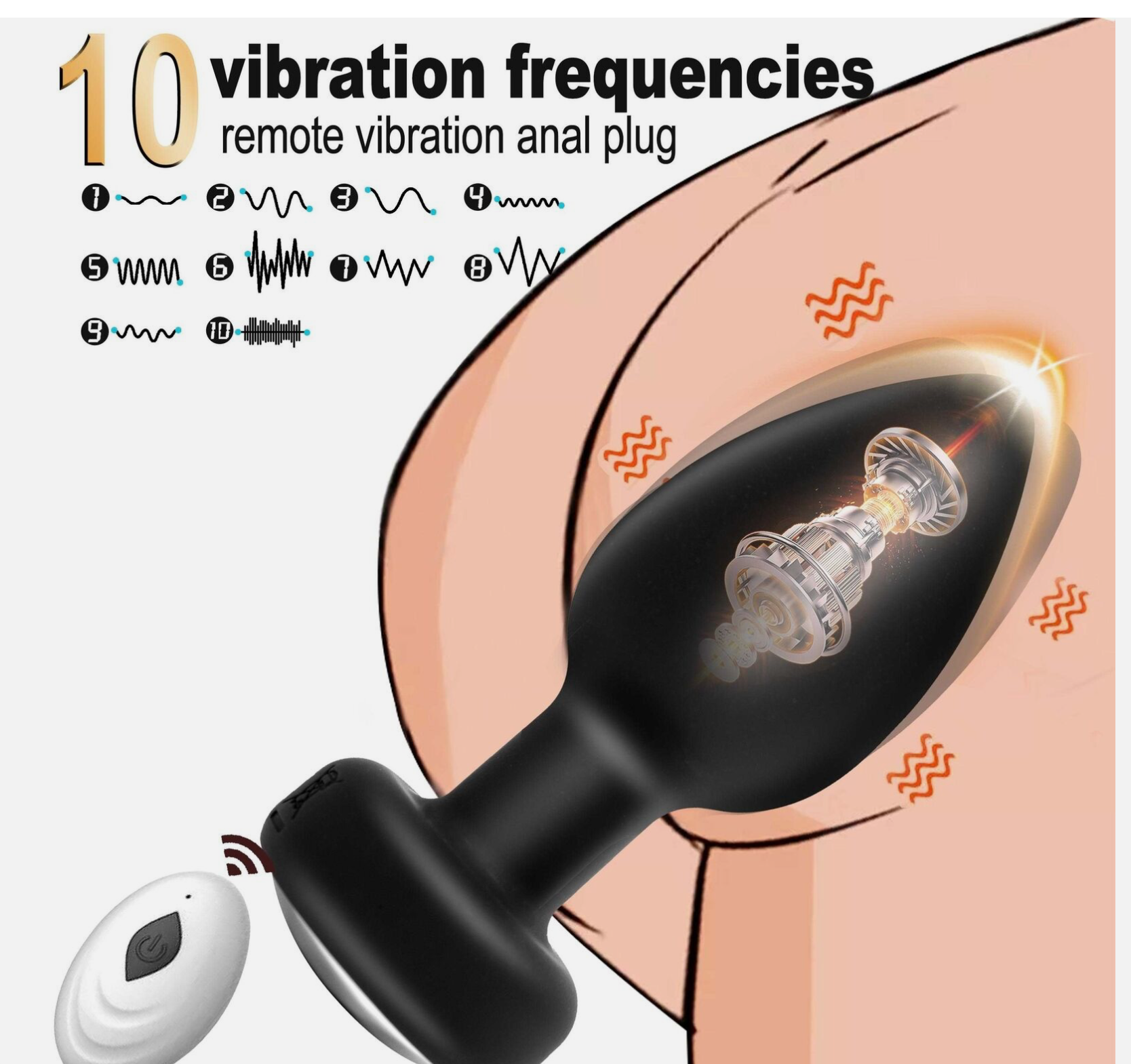 Illustration of a remote vibration anal plug with 10 vibration frequencies on a white background.