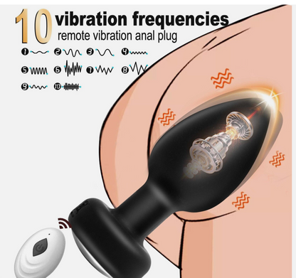 Illustration of a remote vibration anal plug with 10 vibration frequencies on a white background.