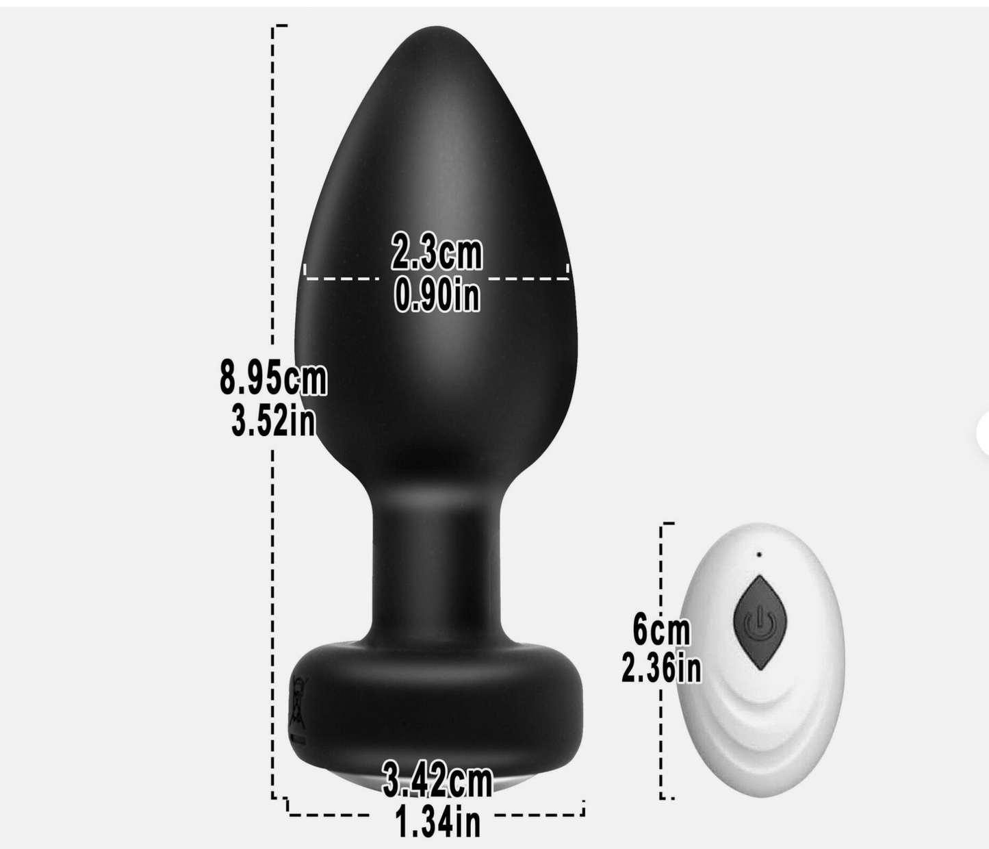Black butt plug with measurements on a white background