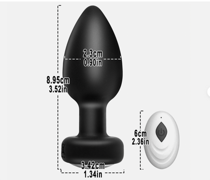 Black butt plug with measurements on a white background