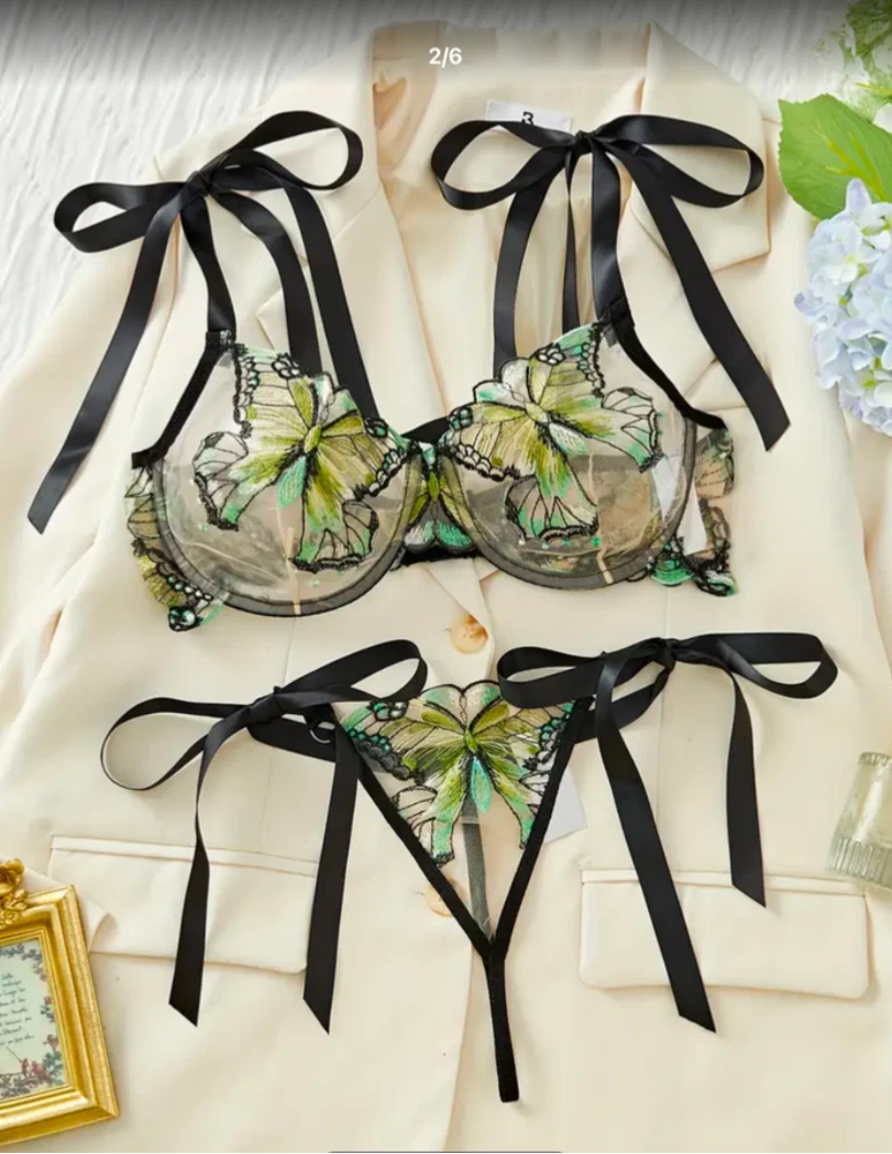 Butterfly Print Ribbon Sheer Bra & Panty Lingerie Set UK