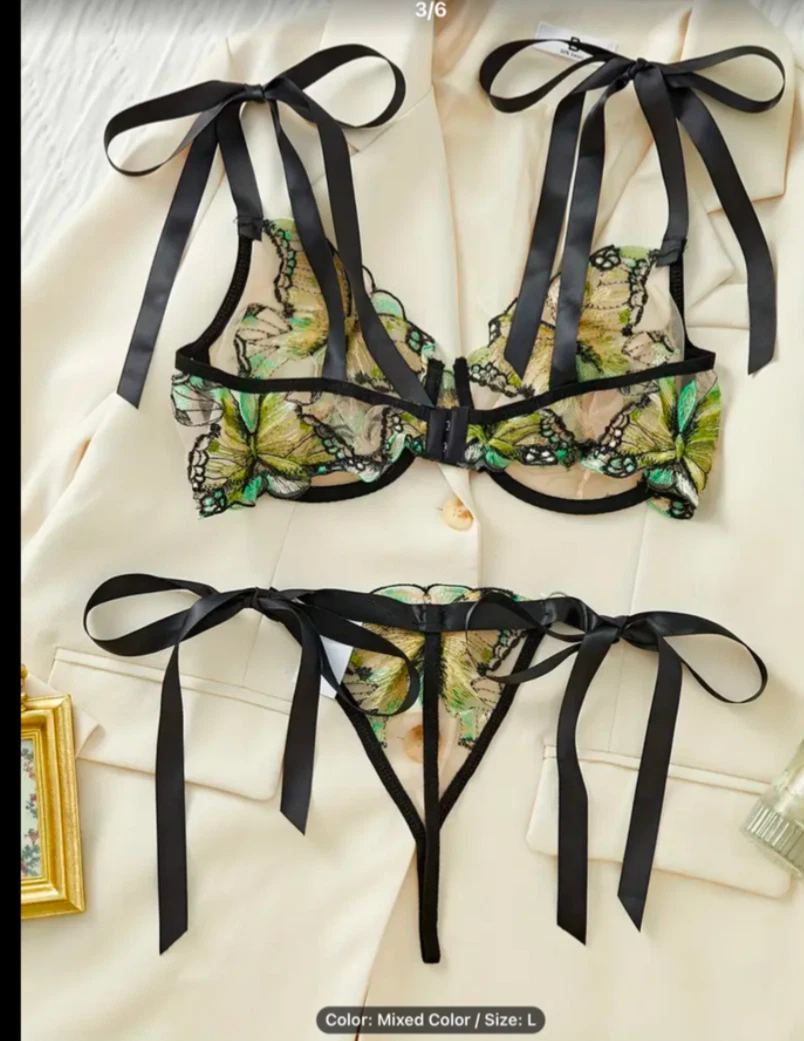 Butterfly Print Ribbon Sheer Bra & Panty Lingerie Set UK