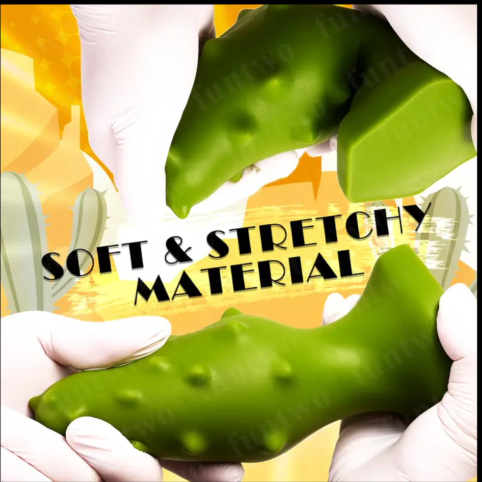 Green stretchy material product held by hands with a yellow background and text.