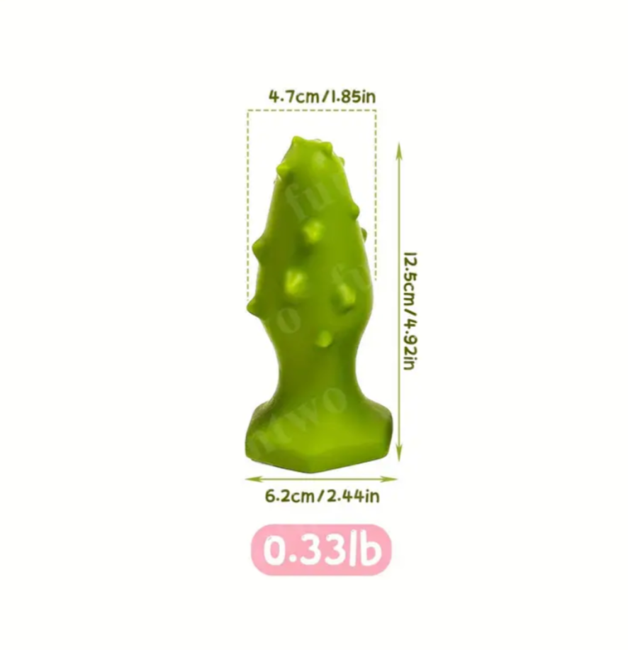 Green textured dog toy with measurements on a white background