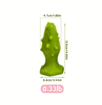Green textured dog toy with measurements on a white background