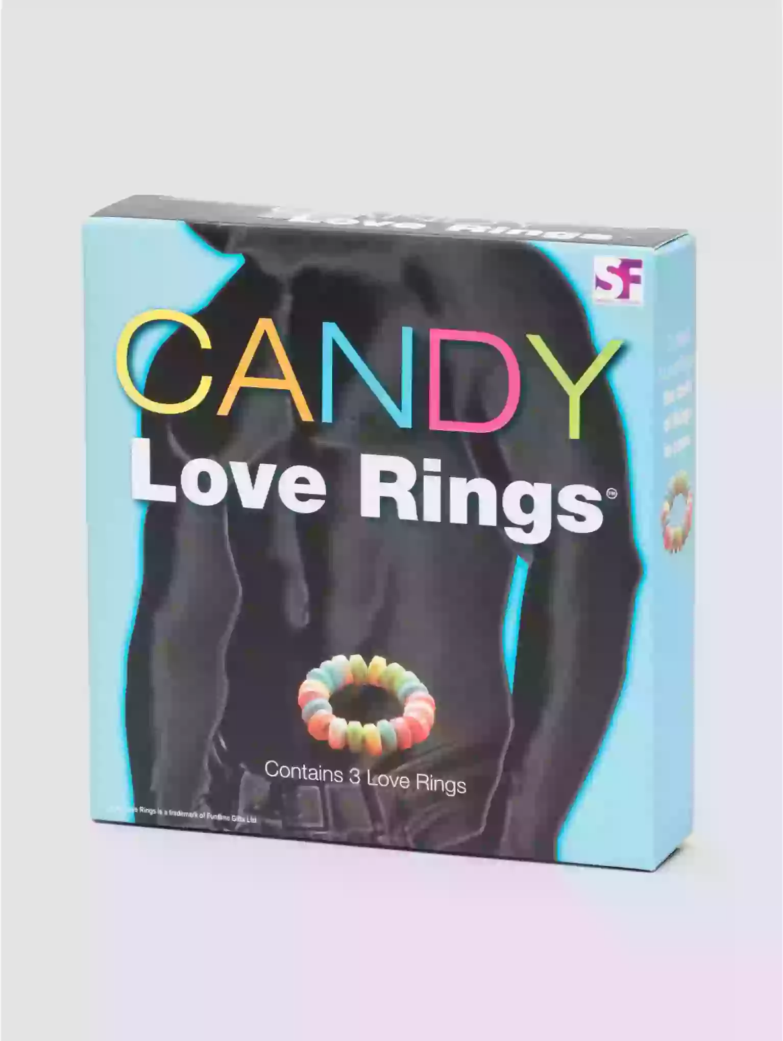 Box of Candy Love Rings with colorful rings on a white background