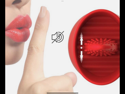 Red silicone tool with textured surface, close-up of lips and finger, and sound wave icon.