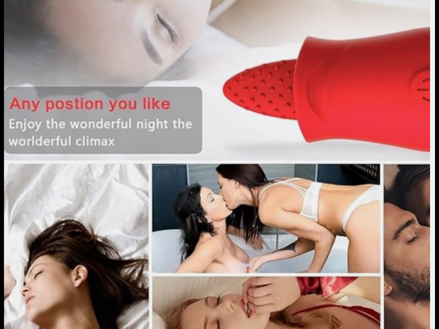 Advertisement for a red sex toy with images of people in various positions and text about enjoyment and climax.