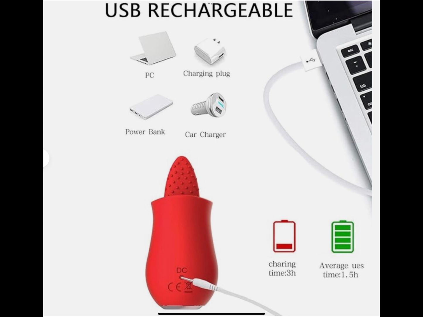 Red USB rechargeable device with charging options and icons on a white background