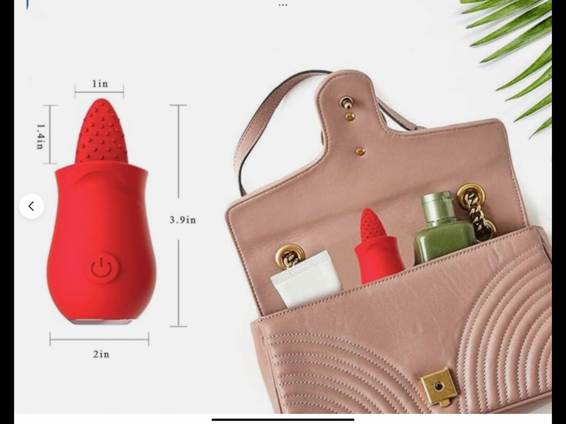 Red silicone bottle with dimensions, shown next to a beige handbag with cosmetic items.