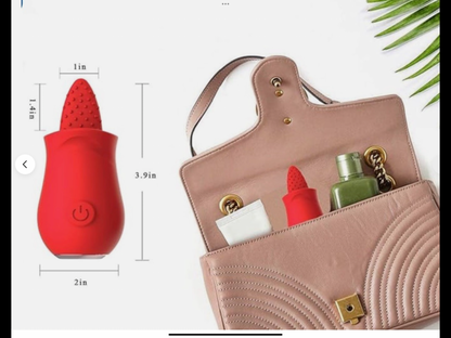 Red silicone bottle with dimensions, shown next to a beige handbag with cosmetic items.