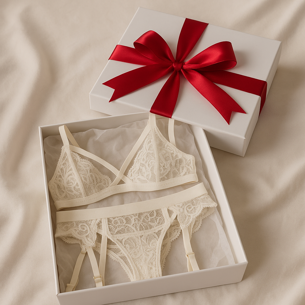 Lace lingerie set in a white box with a red ribbon on a beige fabric background