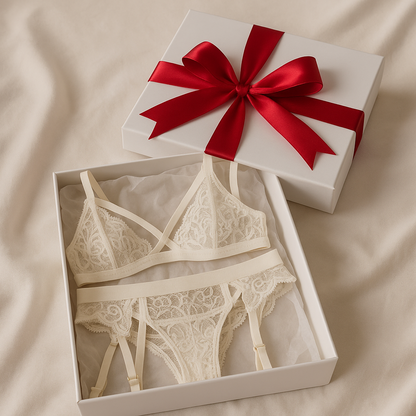 Lace lingerie set in a white box with a red ribbon on a beige fabric background