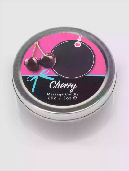 Cherry massage candle in a metal tin with a pink label and cherry graphics on a white background