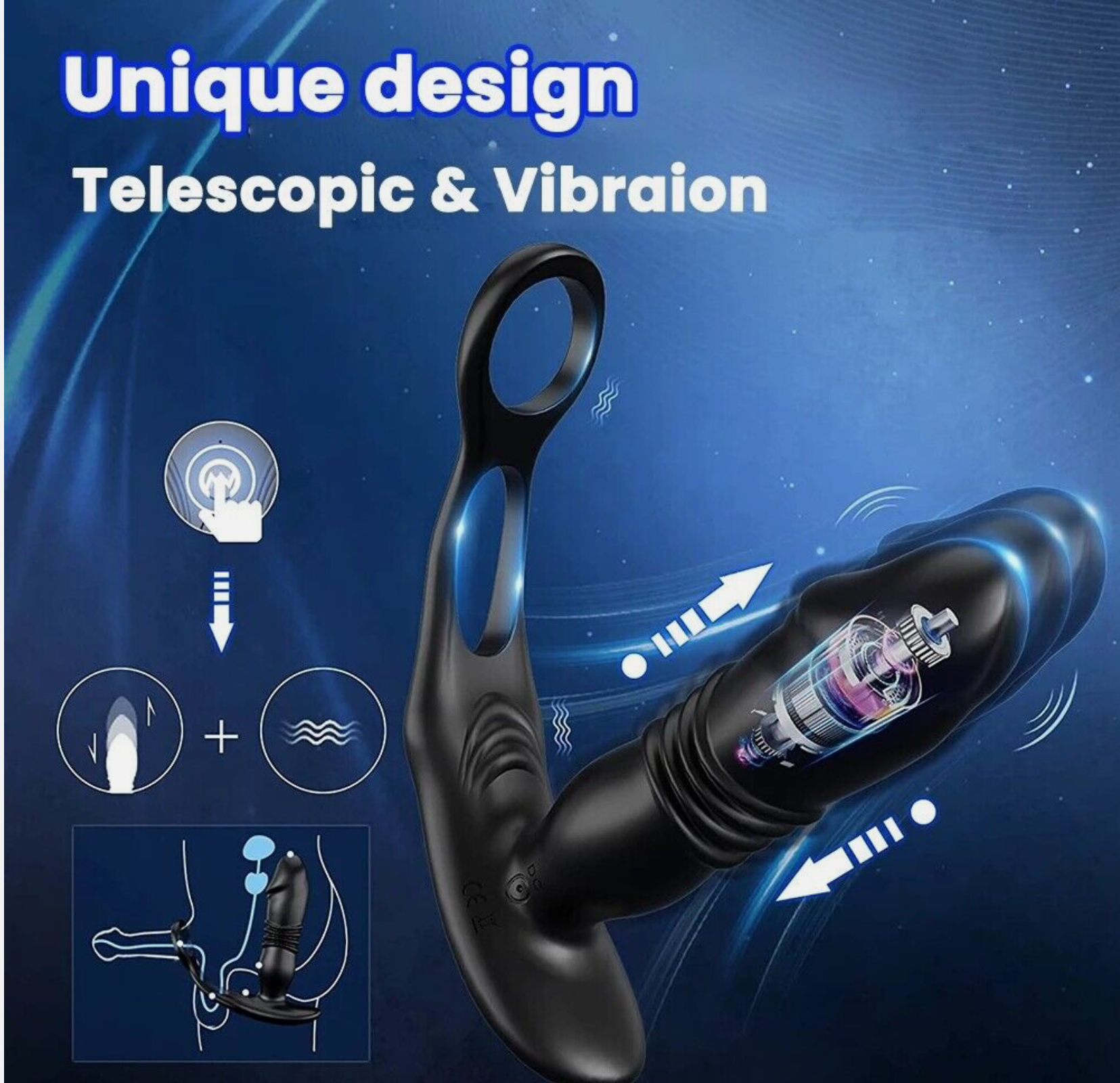 Telescopic and vibration device with blue background and text highlighting features