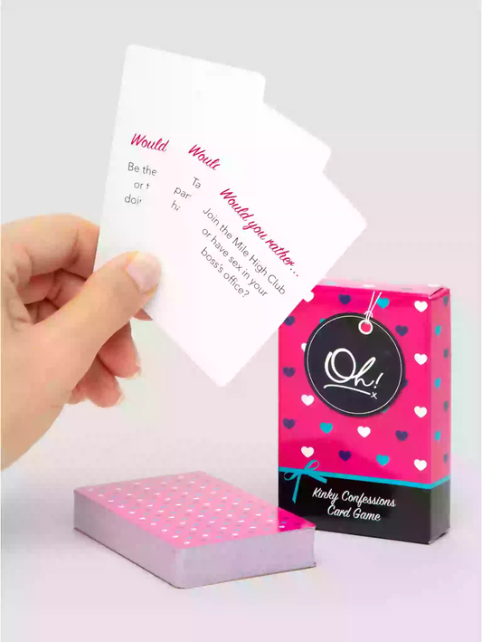 Hand holding a card from a 'Kinky Confessions' card game box on a white background