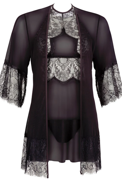 Black lace dress with sheer sleeves and top on a white background