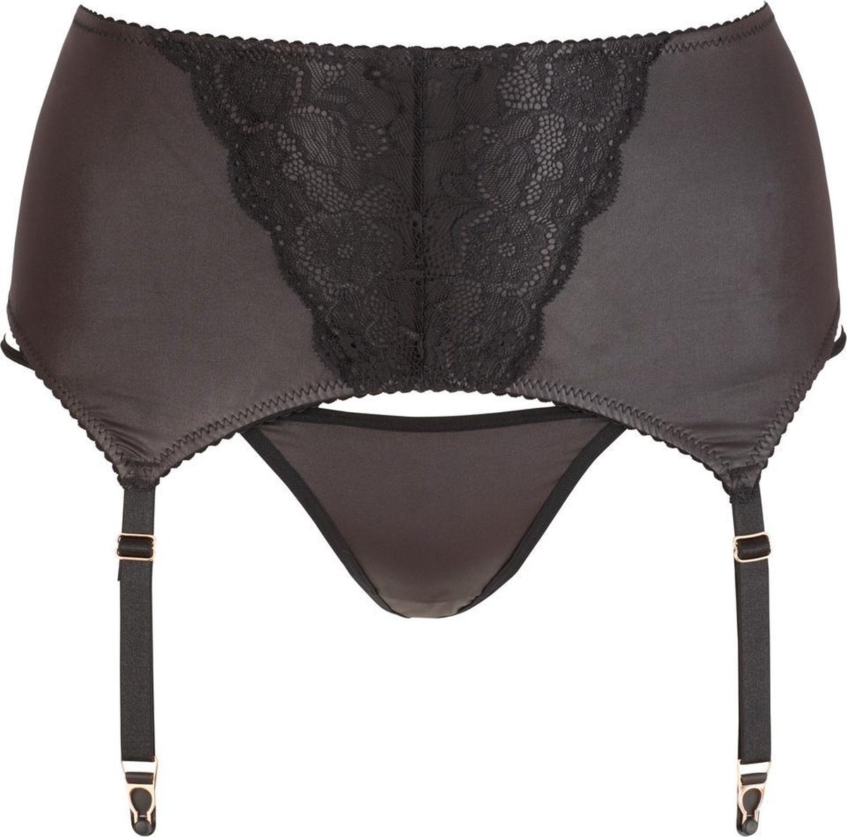 Black lace lingerie set with garters on a white background