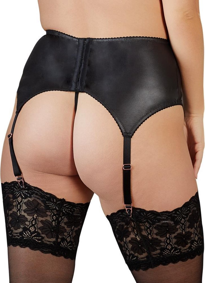 Black lingerie set with garters on a white background