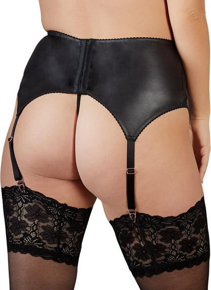 Black lingerie set with garters on a white background