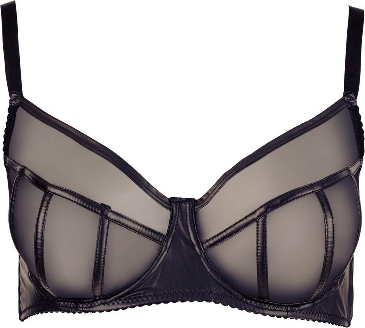 Black bra with mesh panels on a white background