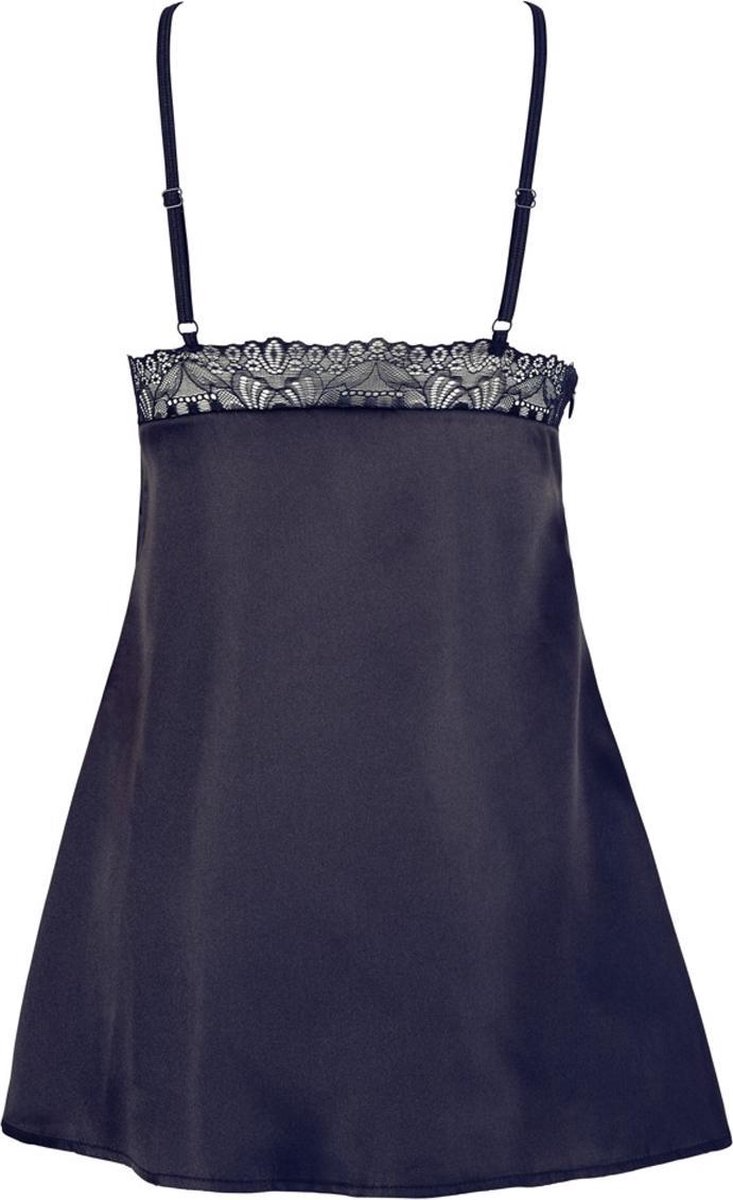 Black satin slip with lace trim on a white background