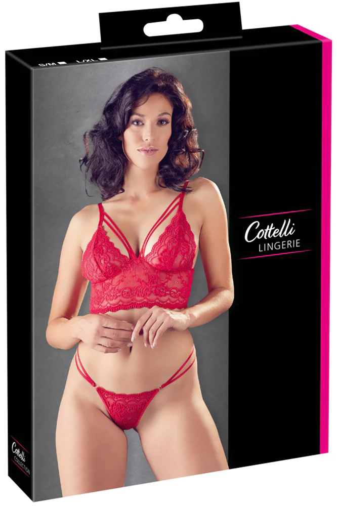 Cottelli Lingerie packaging with a model wearing red lace lingerie.