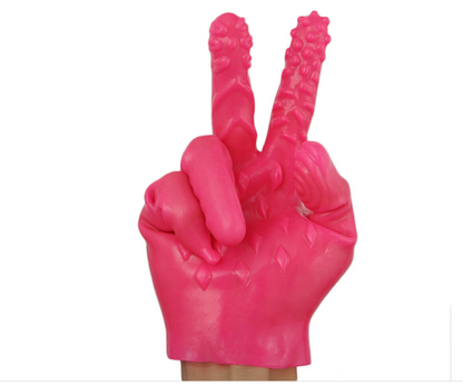 Pink latex glove making a peace sign on a white background
