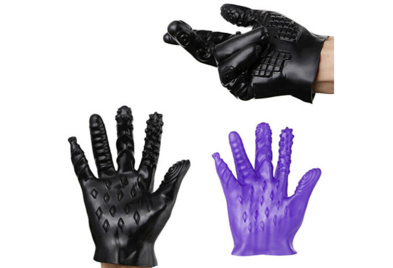 Black and purple gloves with textured surface on a white background