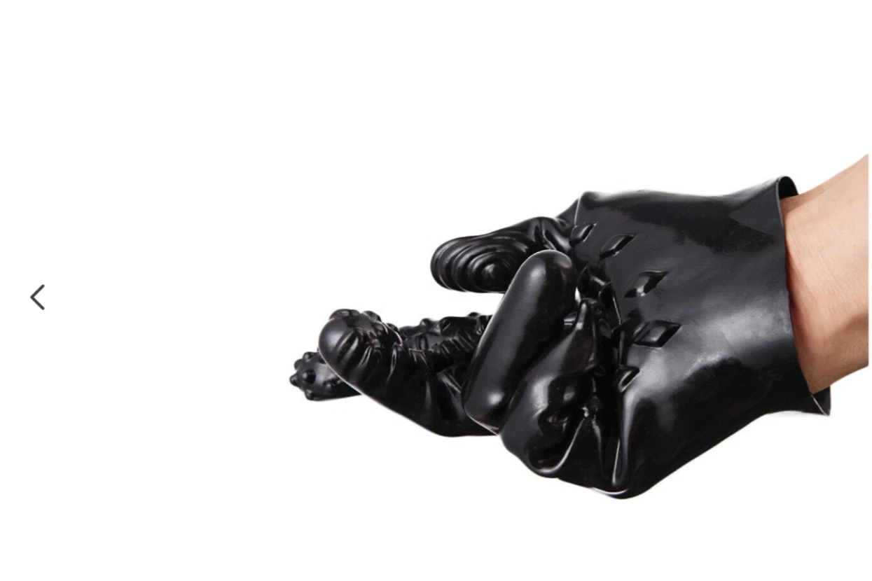 Black latex gloves on a white background
