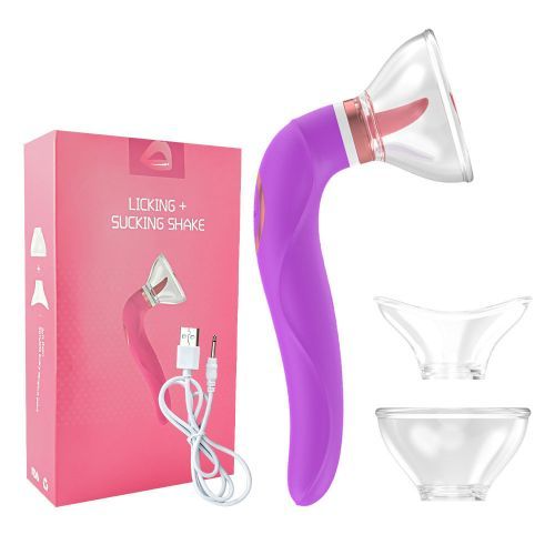Purple and clear device with packaging labeled 'Licking + Sucking Shake' on a white background