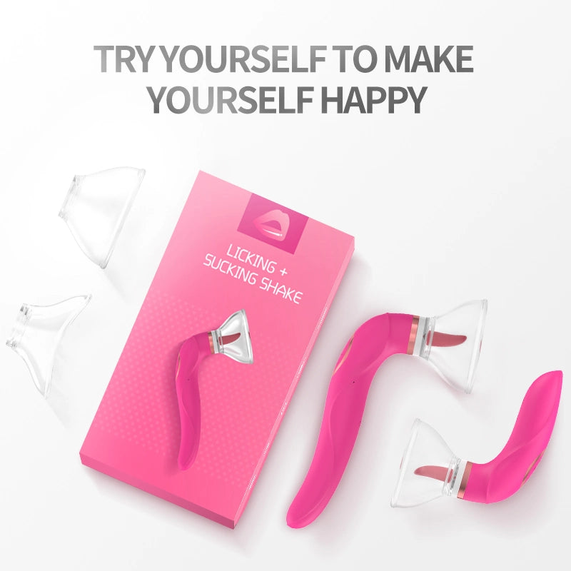 Pink and clear plastic tools with a pink box labeled 'Licking & Sucking Shake' on a white background.