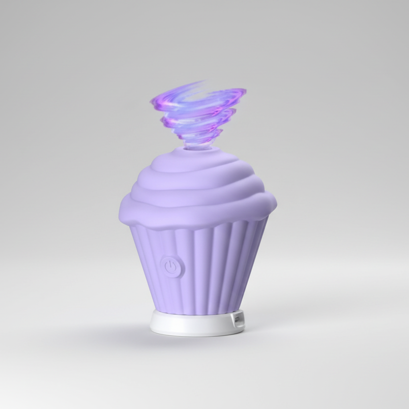Purple cupcake-shaped device with a swirling design on top against a gray background