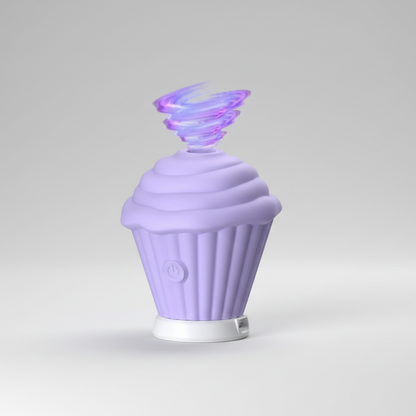 Purple cupcake-shaped device with a swirling design on top against a gray background
