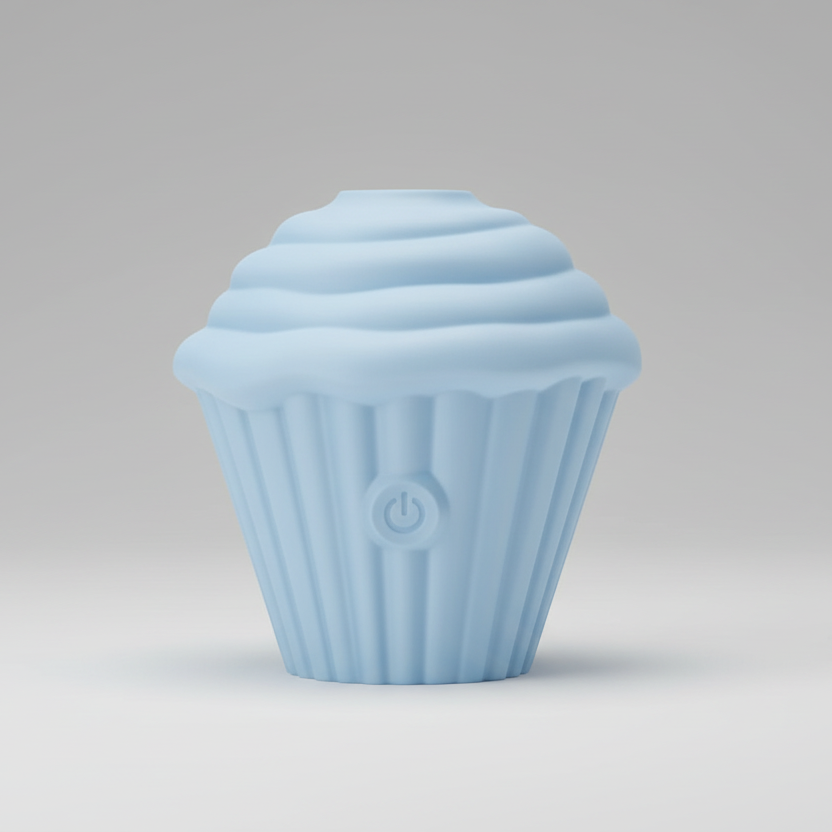 Light blue cupcake-shaped object with a power symbol on a gray background