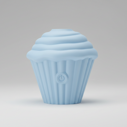 Light blue cupcake-shaped object with a power symbol on a gray background
