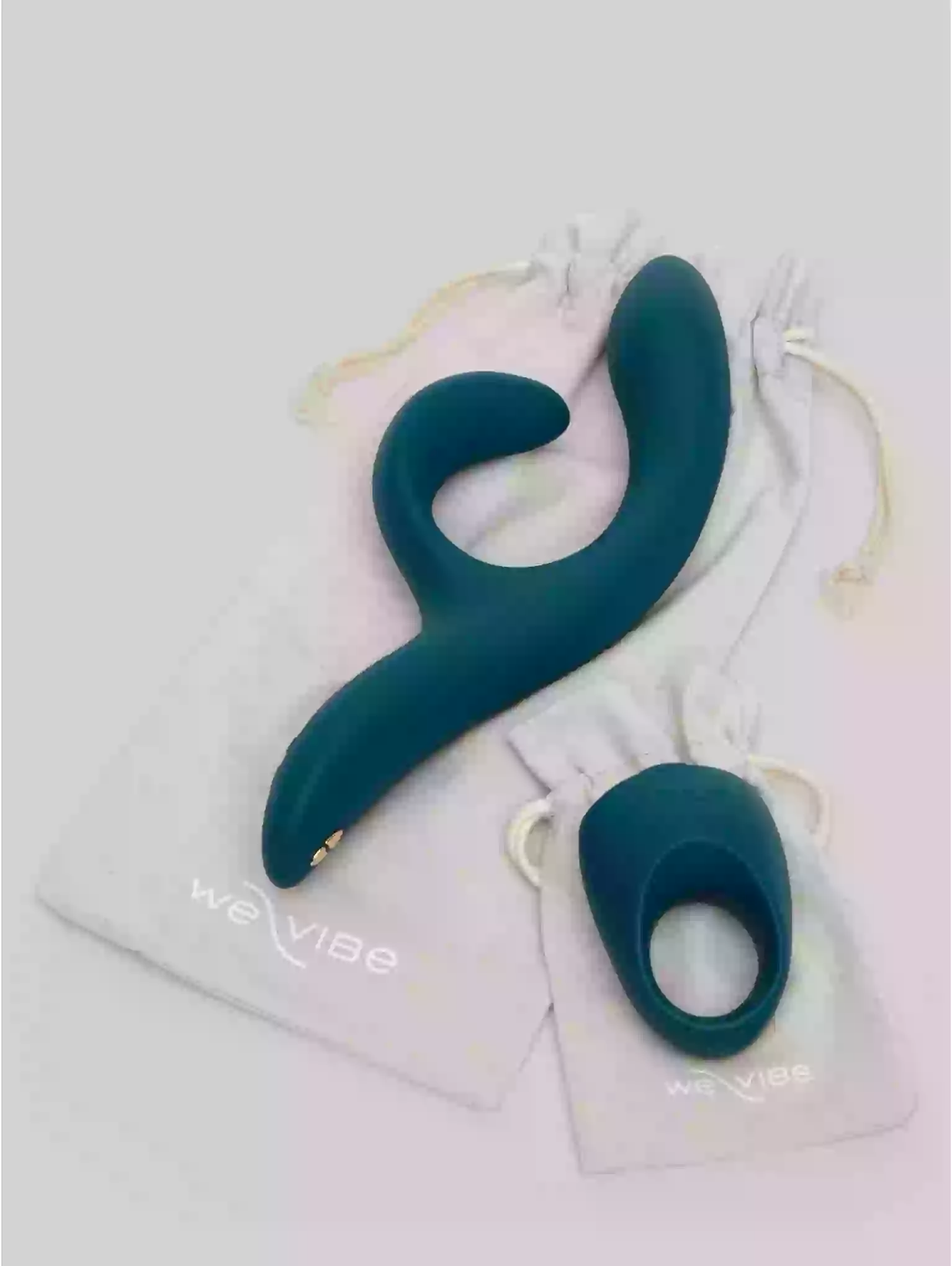 Blue silicone sex toy with 'We Vibe' branding on a light gray background