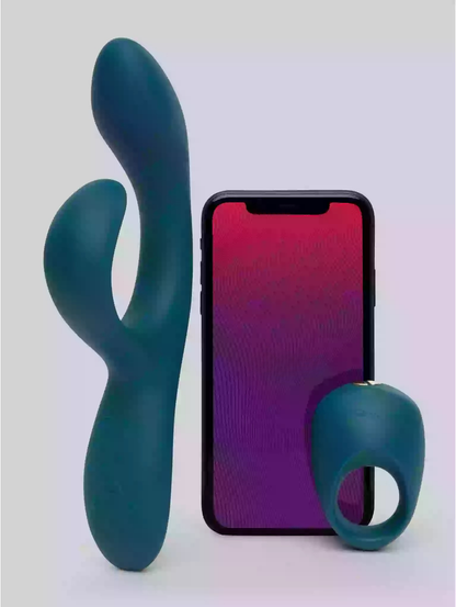 Two teal silicone toys and a smartphone with a gradient screen on a white background