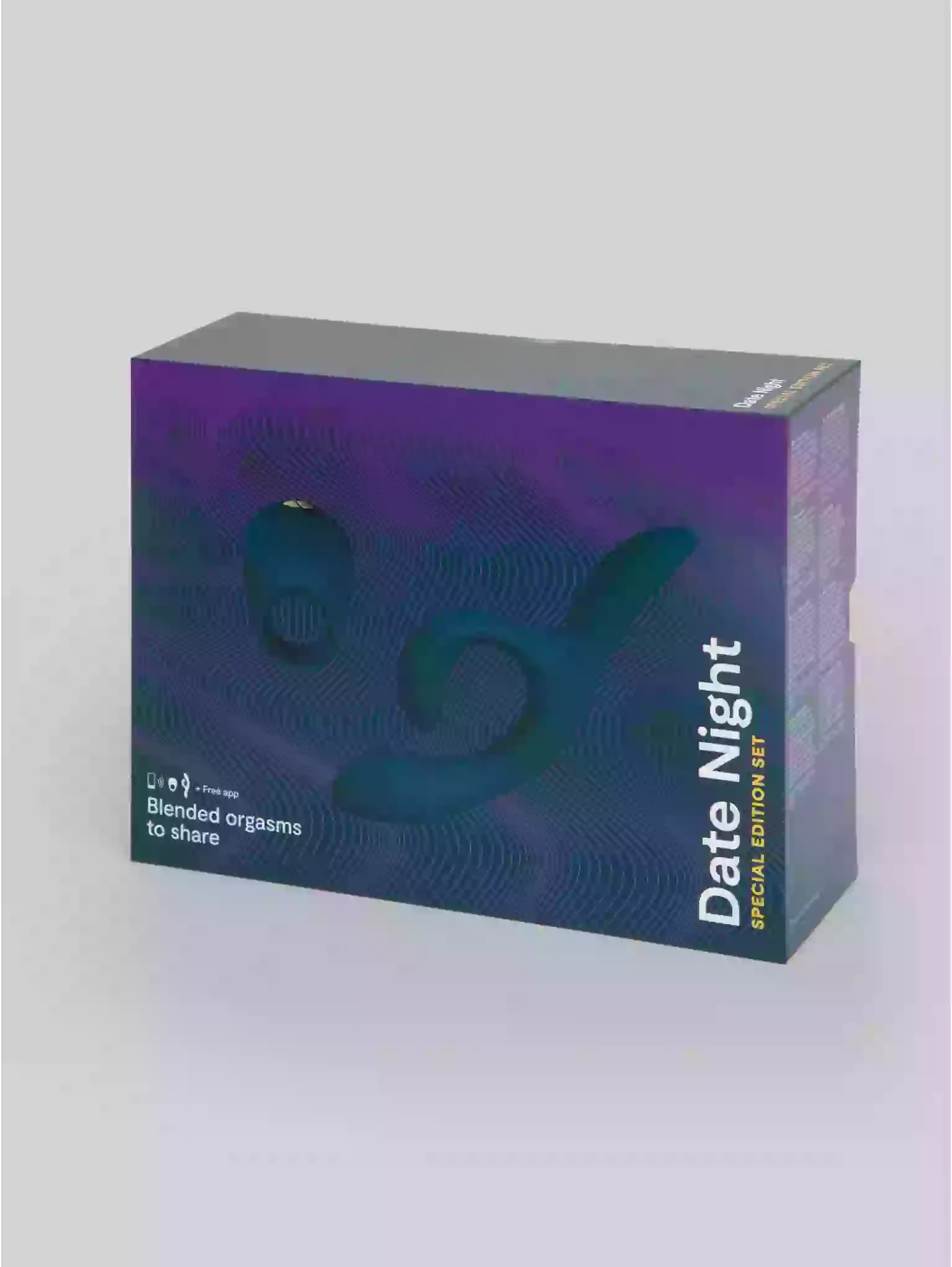Purple packaging box with text on a gray background