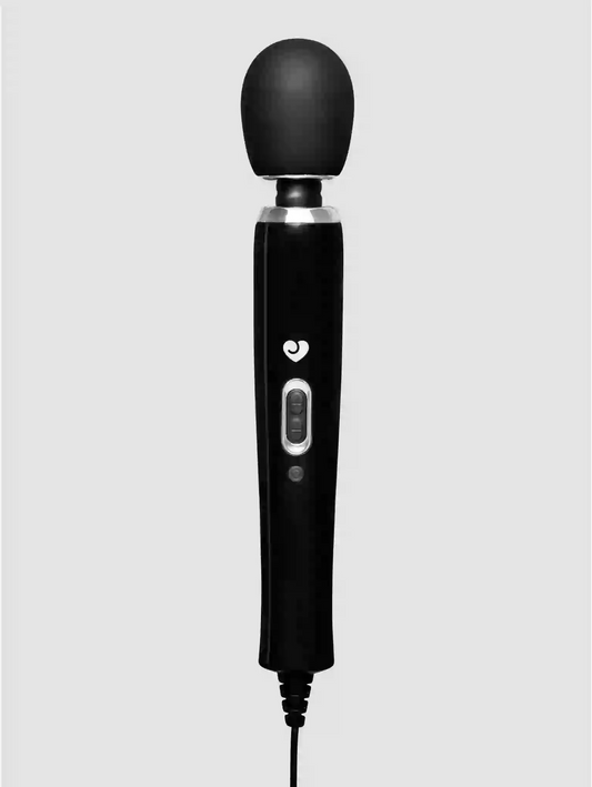 Black handheld device with a cord on a light gray background