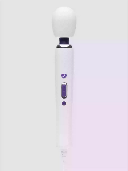 White and purple electronic device on a light gray background
